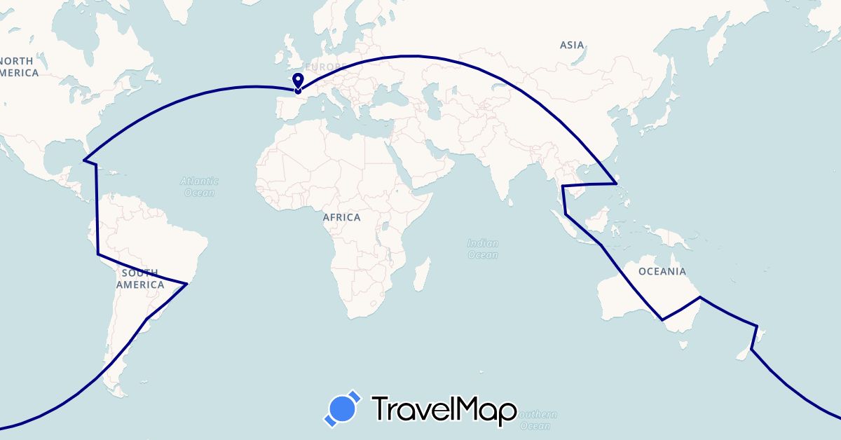 TravelMap itinerary: driving in Argentina, Australia, Brazil, Cuba, France, Indonesia, Malaysia, New Zealand, Peru, Philippines, Thailand (Asia, Europe, North America, Oceania, South America)